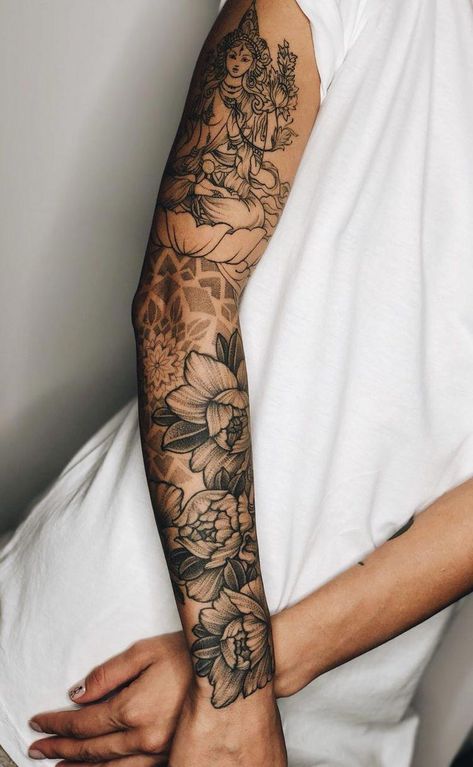 Sleeve Tattoo Black And Grey Sleeve Women, Fill In Tattoo Ideas Sleeve Backgrounds Women, Illustrative Tattoo Style, Dragons Tattoo, Hindu Tattoo, Flowers Mandala, Octopus Tattoos, Girls With Sleeve Tattoos, Female Tattoos