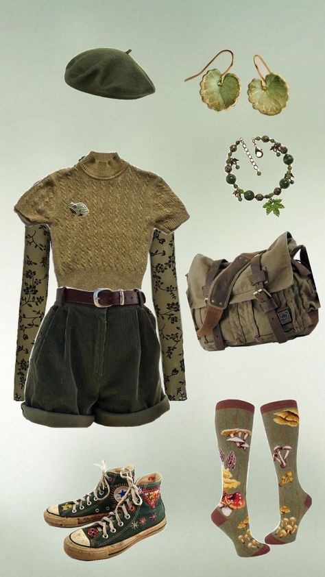 #outfit #outfitinspo #aesthetic #goblincore #goblincoreoutfit #jewelry #funnysocks Eccentric Outfits, Kid Core Outfits, Goblincore Aesthetic Outfits, Goblincore Outfits, Goblincore Fashion, Silly Clothes, Fresh Clothes, Cottagecore Clothes, Earthy Outfits