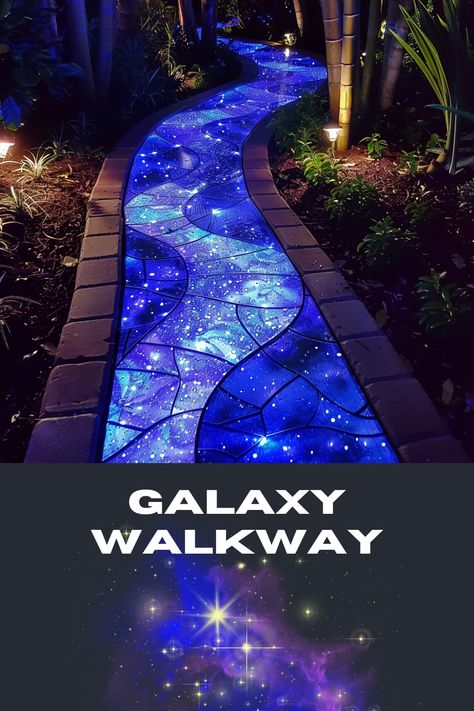 Bring the beauty of the cosmos into your backyard with a mesmerizing galaxy walkway! 🌟✨ Illuminate your outdoor space and create a magical atmosphere for stargazing and relaxation. #GalaxyBackyard #OutdoorLiving #CelestialDecor #StarryNight #OutdoorOasis Stargazing Platform Backyard Ideas, Lights In Backyard Ideas, Magic Home Decor, Whimsical Backyard Ideas, Magical Backyard Ideas, Outdoor Walkway Ideas, Cool Outdoor Spaces, Oasis Backyard Ideas, Magical Garden Ideas