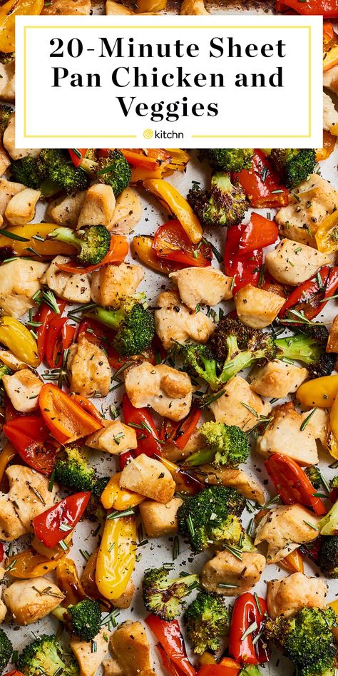 Recipe: 20-Minute Sheet Pan Chicken and Veggies | Kitchn Sheet Pan Chicken And Veggies, Baked Chicken And Veggies, Pan Chicken And Veggies, Sheet Pan Suppers, Chicken And Veggies, Sheet Pan Dinners Recipes, Sheet Pan Chicken, Easy Baked Chicken, Roast Chicken Recipes