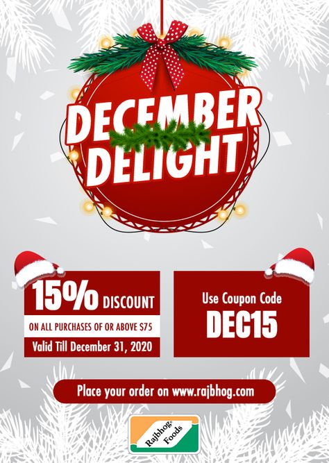 It’s a special #Christmas #offer! Add items worth $75 or more in your cart at www.rajbhog.com and use the code DEC15 to avail a 15% discount. *Offer valid till December 31, 2020. Shop now! #RajbhogFoods Christmas Offers Poster, Christmas Offer Poster Design, Christmas Offer Poster, Offers Poster, Offer Poster Design, Offer Poster, Christmas Offers, Wallpaper Nature, December 31