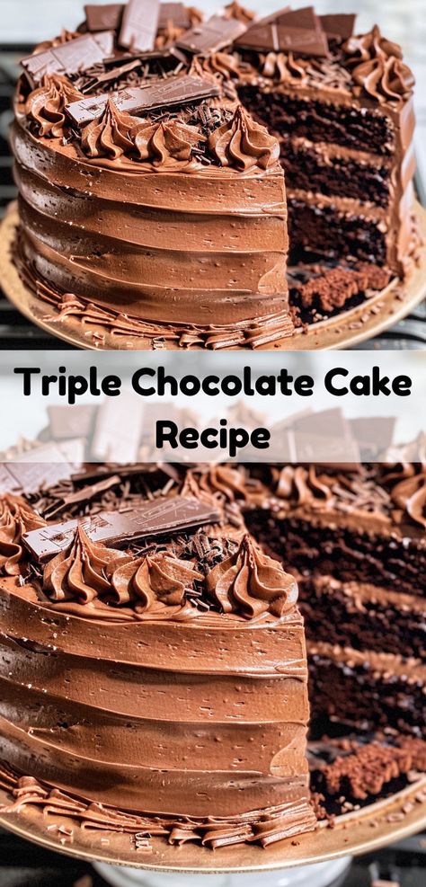 Triple Chocolate Cake, Moist Chocolate Cake, Chocolate Filling, Chocolate Decorations, Triple Chocolate, Semi Sweet Chocolate Chips, Chocolate Craving, Chocolate Shavings, Chocolate Cake Recipe