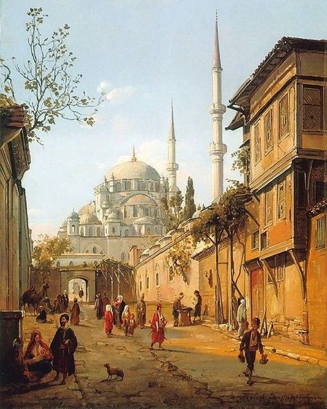 Muslim Archive on Instagram: "A Street Scene In Istanbul, Turkiye in the 1800s. (Ottoman Era) (Drawn By Frans Vervloet) #explore #explorepage #exploremore #islam #muslim #turkiye #turkey #istanbul #ottoman #ottomanempire #muslimarchive #art #history" Egypt Concept Art, Arabian Art, Historical Painting, Islamic Artwork, Islamic Paintings, Eastern Art, Turkish Art, Historical Art, Ottoman Empire