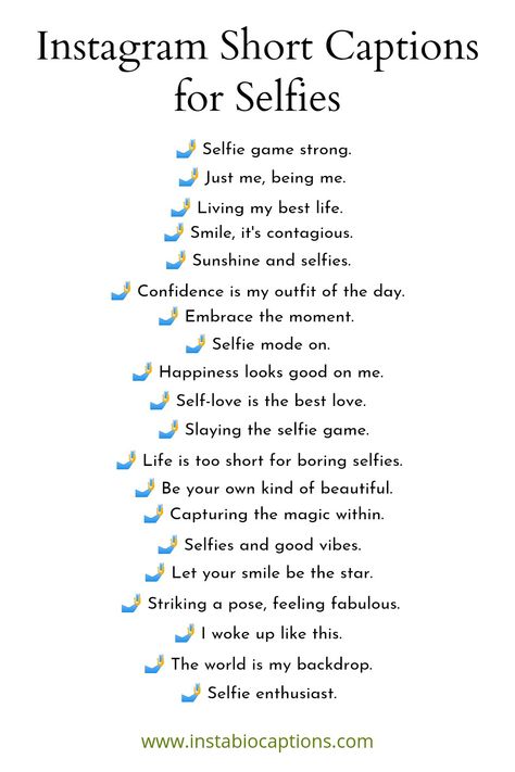 Discover a collection of fun and creative short selfie captions to level up your Instagram game! From witty one-liners to inspiring quotes, find the perfect caption to complement your selfies and express your personality. Strike a pose and let these captions do the talking! 😎📸 #SelfieCaptions #InstagramCaptions #FunCaptions Caption For View, Short Selfie Captions, Short Nature Captions For Instagram, Cute Selfie Captions, Inspirational Captions, Captions For Selfies, Instagram Post Captions, Short Captions, One Word Instagram Captions