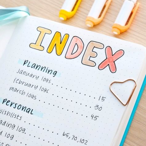 Bullet journal index page ideas How To Decorate Index Page, Index Page Ideas, Bullet Journal Markers, Bullet Journal Index Page, Bullet Journal Index, Journal Key, Journaling 101, Bullet Journal Budget, Bullet Journal Stencils