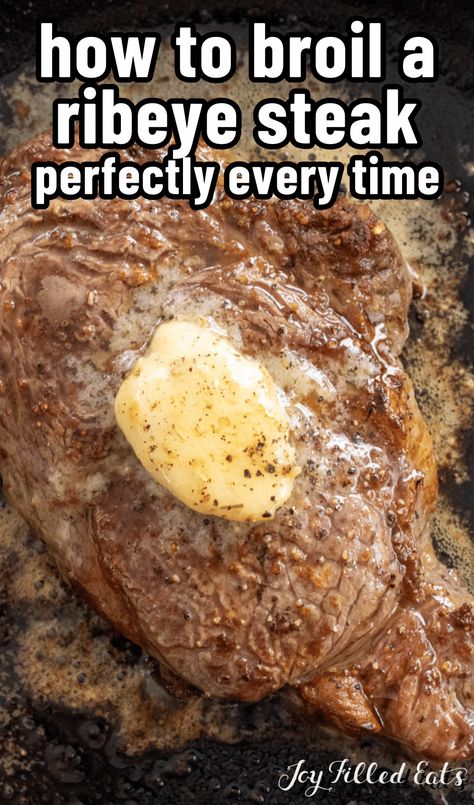 This Broiled Ribeye recipe is tender, juicy, and has the best flavor. Learn how to oven broil steak perfectly every time! Beef Ribeye Steak Recipe, Rib Eye Steak Recipes Oven, Ribeye Recipe, How To Cook Ribeye, Cow Recipes, Prime Rib Steak, Rib Eye Recipes, Ways To Cook Steak, Thm Meals