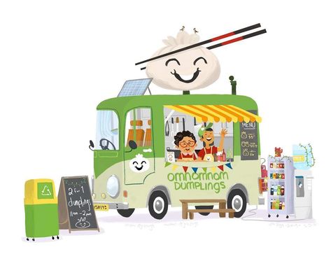 Jez Tuya on Instagram: “Food truck  #illustratorsoninstagram #artistsoninstagram #illustration #vehicle #foodtruck #dumplings #kidlitartistoninstagram…” Food Truck Illustration, Truck Illustration, Illustrators On Instagram, Instagram Food, Cute Food, Dumplings, Food Truck, Wooden Toy Car, Game Design