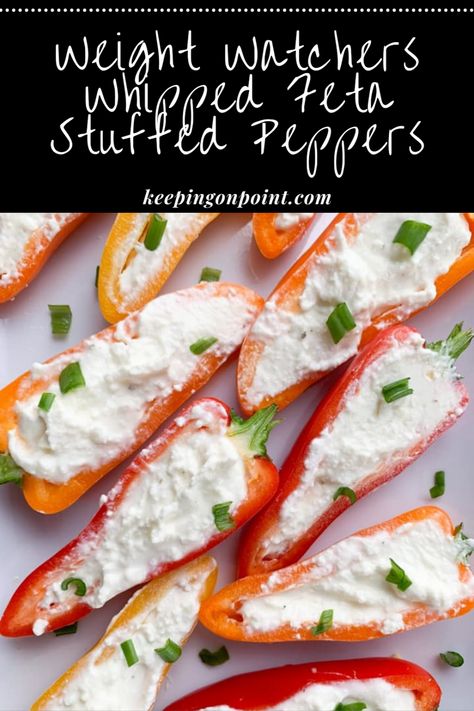 Whipped Feta Stuffed Mini Peppers Feta Stuffed Peppers, Mini Peppers Recipes, Ww Appetizers, Sweet Pepper Recipes, Keeping On Point, Mini Peppers, Mini Sweet Peppers, Stuffed Mini Peppers, Points Recipes