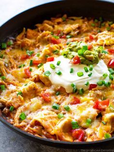 One Pan Chicken Enchilada Skillet enchilada sauce, chicken, tortillas, and salsa topped with sour cream and green onions Enchilada Sauce Chicken, Recipe Enchiladas, Enchiladas Dinner, Skillet Enchiladas, Chicken Tortillas, Dinner Mexican, Enchilada Skillet, Chicken Enchilada Skillet, Pastas Recipes