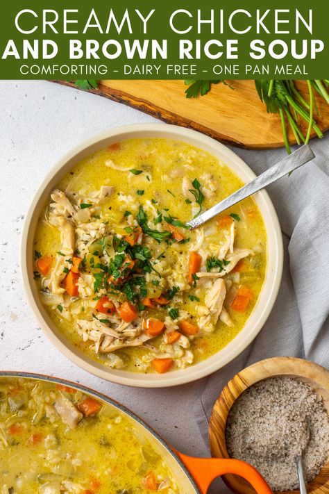 Chicken And Brown Rice Soup, Rice Soup Crockpot, Creamy Chicken And Rice Soup, Brown Rice Soup, Blt Chicken, Healthy Brown Rice, Fall Meals, Creamy Chicken And Rice, Rice Soup Recipes