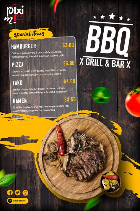 Restaurant menu designs, Restaurant menu design ideas Bbq Menu Design, Traditional Ramen, Bbq Pizza, Bbq Menu, Menu Designs, Restaurant Menu Template, Restaurant Menu Design, Bar Restaurant, Menu Template