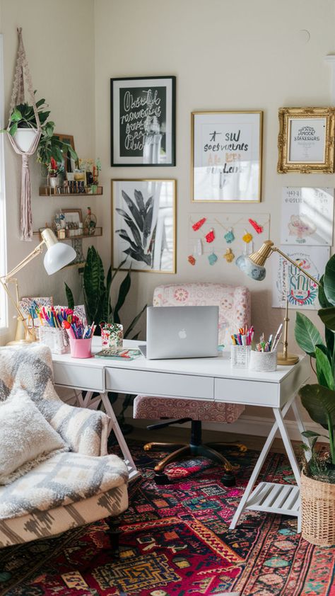 Achieve a chic yet functional feminine office with a beautiful shabby chic color palette. 🌿 Opt for distressed wood furniture, layered textiles, and delicate decor pieces to add charm. 🕊️ Incorporate feminine desk setups with soft, vintage-inspired accessories like lace, florals, and elegant desk lamps. 💡 Add romantic shabby chic accents, such as pastel tones and soft lighting. 🌸 #shabbychic #shabbychicoffice #feminineoffice #vintageoffice #homeofficeinspiration #chicdecor #romanticoffice Home Office And Wardrobe Room, Home Office Studio Creative Workspace, Chic Office Ideas, Shabby Chic Office Ideas, Girly Office Space, Shabby Chic Color Palette, Home Office Decor Inspiration, Home Desk Ideas, Creative Workspace Inspiration