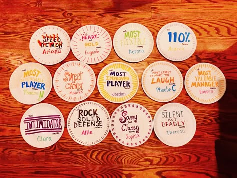 Paper Plate Awards for Soccer 2 Basketball Paper Plate Awards, Paper Plate Superlatives, Paper Plate Awards Soccer, Swim Paper Plate Awards, Volleyball Superlatives, Softball Paper Plate Awards, Cheer Paper Plate Awards, Dance Team Awards Ideas, Hockey Awards For Kids