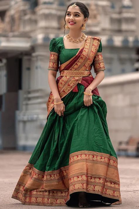 South Indian Gown Designs, Half Saree Patterns, Dawani Designs, Half Saree Blouse Designs Pattern, Dhavani Designs, Lehenga Poses, Saree Function, Onam Outfits, South Indian Blouse Designs