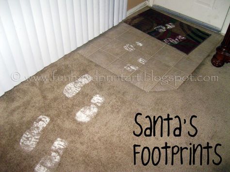 Santa came and left his footprints! My little guy thought this was so cool! He touched one of them and he said “It is snow Momma!” There was a trail of footprints from the door leading up to the bikes he brought for him and his sister. To make Santa’s Footprints: Place flour (baking soda, … Santa Feet Print, Christmas Footprint Crafts, Reindeer Footprint, Rudolph Crafts, Santa Footprints, Print Repeat, Footprint Crafts, Diy Santa, Footprint Art