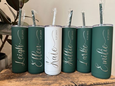 Thanks so much for checking out our laser engraved skinny tumblers!  Whether you are planning a bachelorette party, proposing to your bridesmaids or need a gift for the wedding day, these tumblers will not only keep your drinks cold, but they will be a wonderful keepsake to remember your special day.  With a super soft matte finish, screw on closeable lid and matching straw, you'll realize why these tumblers are top of the line as soon as you have one in hand. Choose from our variety of colors a Emerald Green Gifts, Gifts For The Bridal Party, Bachelorette Tumblers Ideas, Cups For Bridesmaids, Bridal Party Tumbler Ideas, Bridesmaid Cups Diy, Wedding Party Cups, Thank You Ideas For Wedding, Bridesmaids Gifts For Wedding Day