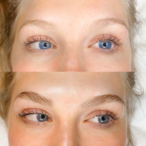 before and after eyebrow lamination on fair skin and blonde eyebrows Brown Eyebrows Blonde Hair, Blonde Eyebrow Makeup, Blonde Hair Eyebrows, Before And After Blonde, Eyebrow Feathering, Eyebrow Lamination, Eyebrow Makeup Products, Best Eyebrow Makeup, Blonde Eyebrows