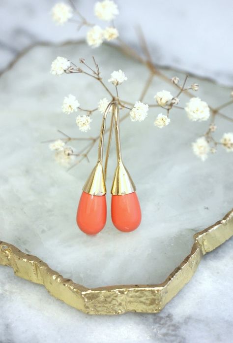 Coral Earrings Coral Drop Earrings Coral Gold Earrings | Etsy Gold Coral Earrings, Coral Accessories, Coral Outfit, Coral Drop Earrings, Rosa Coral, Color Resin, Living Coral, Orange Earrings, Coral Earrings