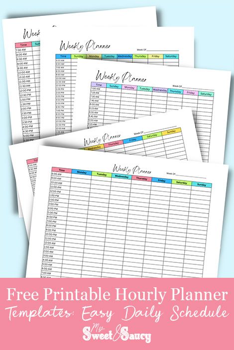 Free Printable Hourly Planner Templates: Easy Daily Schedule - My Sweet and Saucy Hourly Weekly Planner, Hourly Calendar, Free Printable Weekly Calendar, Weekly Planner Digital, Weekly Calendar Template, Daily Planner Printables Free, Daily Planner Hourly, Weekly Hourly Planner, Daily Schedule Template