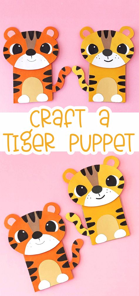 Paper Bag Tiger Puppet Puppet Animals Crafts, Tiger Paper Bag Puppet, Crafts Using Paper Bags, How To Make A Puppet Out Of Paper, Tiger Crafts For Preschool, Wild Animals Craft, Tiger Crafts For Kids, Animal Crafts For Kids Easy, Tiger Paper Craft