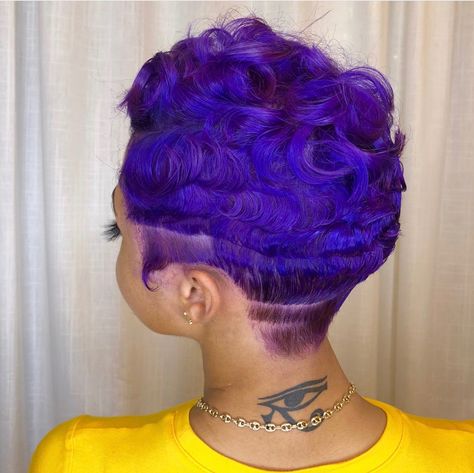 Follow: @Tropic_M for more ❄️ Purple Pixie Cut Black Women, Purple Short Hair Black Women, Purple Pixie Cut, Finger Waves Short Hair, Purple Pixie, Summer Skies, Twa Hairstyles, Natural Hair Short Cuts, Natural Hairstyle