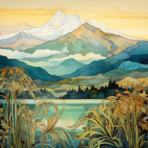 Art Nouveau – Scotland Paintings and Art Prints Art Nouveau Mountain, Art Nouveau Style Illustration, Art Nouveau Watercolor, Art Nouveau Artwork, Art Nouveau Landscape, Art Nouveau Nature, Art Nouveau Painting, Murmuration Art, Watercolour Landscapes