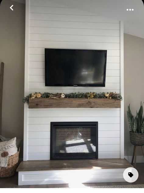 White Shiplap Fireplace with Rustic Mantel Diy Shiplap Fireplace, Simple Fireplace, Build A Fireplace, Shiplap Fireplace, Shiplap Wall, Farmhouse Fireplace, Open Concept Living Room, Faux Fireplace, Corner Fireplace