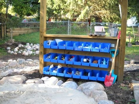 Loose Parts Storage, Sandpit Toys, Eyfs Outdoor Area, Natural Play Spaces, Preschool Playground, Outdoor Play Space, Outdoor Learning Spaces, Parts Storage, Outdoor Play Spaces