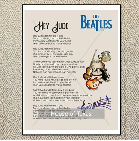 "Hey Jude Print - The Beatles - Beatles Lyrics, From the singles collection - Beatles Gift - Beatles Quotes - Beatles Digital Art - Beatles Sign - Beatles Decor - Vintage Beatles - Beatles Art INSTANT DOWNLOAD INCLUDES: 1x high resolution PDF (8.5 x 11) file 1x high resolution JPG (300 dpi) (8.5 x 11) file One offer free customization, let me know in note to seller what color change for background. Water mark WILL NOT be on your files. ------------------------------------------------------------ Beatles Decor, Beatles Quotes, Beatles Lyrics, Background Water, Beatles Art, Hey Jude, The Beatles, Digital Art, Let Me