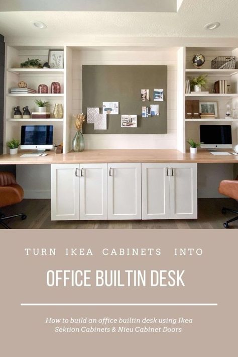 Ikea Kitchen Cabinet Office Hack, Ikea Business Office, Ikea Wall Of Cabinets, Base Cabinets Ikea, Entertainment Center With Computer Desk, Home Office Rumpus Room, Ikea Cabinet Office Built In, Ikea Built In Desk Hack Living Room, Ikea Desk And Tv Unit