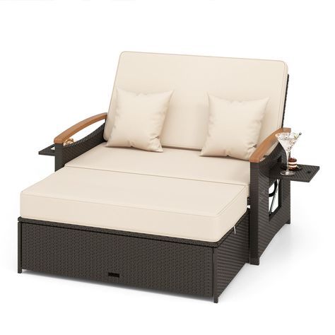 PRICES MAY VARY. Multifunctional Design: This patio rattan chair set includes a loveseat and an ottoman, with removable cushions. You can use it as a guest chair, reclining sofa, or patio sun lounger as needed. Loveseat dimension: 31"-47.5" x 66" x 14"-36" (L x W x H). Ottoman dimension: 43.5" x 24" x 12" (L x W x H). Double Bed Lounger: Combining the loveseat and ottoman creates a cozy double bed recliner with a 4-level adjustable backrest, allowing you to choose the perfect angle for reading, Wicker Daybed, Daybed Sets, Rattan Daybed, Double Chaise Lounge, Wicker Loveseat, Patio Daybed, Chaise Lounger, Ottoman Cushion, Chaise Lounges