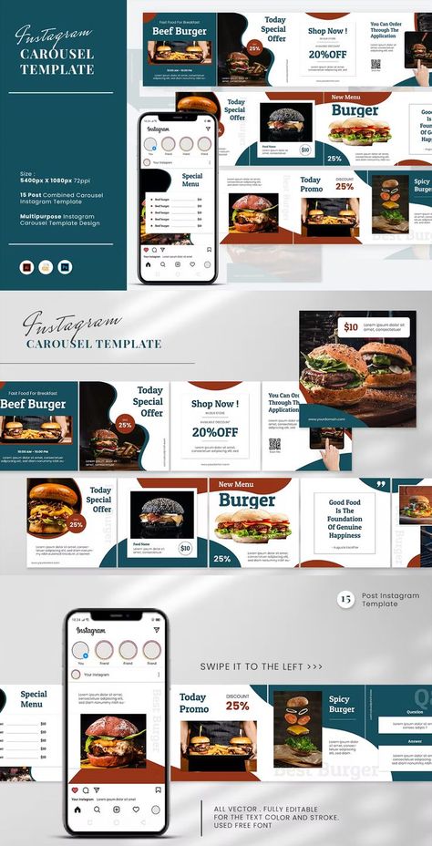 Burger Food Carousel Instagram Feed Design AI, EPS, PSD Instagram Feed Design, Burger Specials, Carousel Design, Burger Food, Burger Restaurant, Beef Burger, Food Names, New Menu, Instagram Food