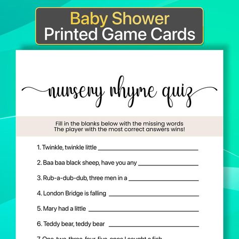 Printed Baby Shower Nursery Rhyme Game Printed Nursery Rhyme Quiz Printed Nursery Rhyme Baby Shower Game Baby Shower Nursery Rhyme Quiz by 1024Custom on Etsy Nursery Rhyme Baby Shower Game, Nursery Rhyme Game, Baby Quiz, Nursery Rhyme Quiz, Baby Trivia, Family Feud Game, Nursery Rhymes Games, Price Is Right Games, Quiz With Answers