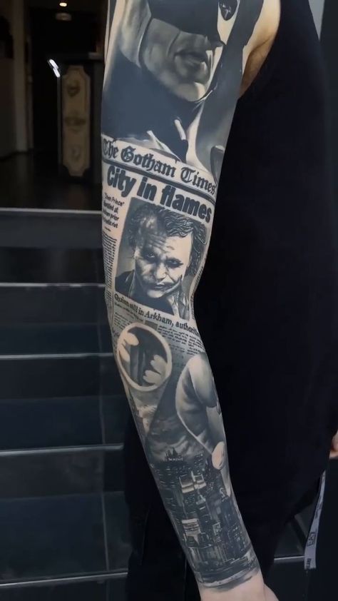 Marvel Back Tattoo, Joker Full Sleeve Tattoo, Batman And Joker Sleeve Tattoo, Gotham City Tattoo Ideas, Batman Theme Tattoo, Marvel Arm Tattoo, Dc Sleeve Tattoo, Batman Portrait Tattoo, Marvel Sleeve Tattoo For Men