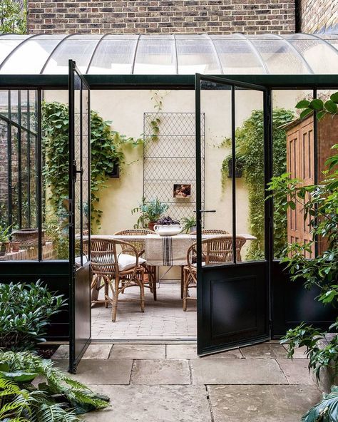 P H I L A M E N A . on Instagram: “Heavenly steel-framed conservatory by Serres d’Antan, any outside space is a blessing right now and this little spot looks particularly…” Ben Pentreath, Decking Ideas, West Facing Garden, Georgian House, Urban Gardens, Brick Paving, Iron Bed Frame, Enclosed Patio, Garden Rooms