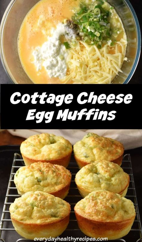 Top down view of cottage cheese egg muffin batter in bowl and side view of baked egg cottage cheese muffins. Cottage Cheese Substitute, Egg Breakfast For A Crowd, Cottage Cheese Meal Ideas, Cottage Cheese Egg Muffins, Cottage Cheese Muffins, Cottage Cheese Recipes Healthy, Cottage Cheese Eggs, Cottage Cheese Snack, Comidas Keto