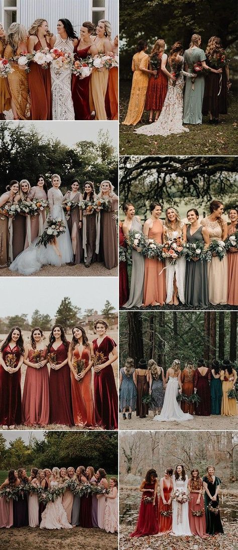 Fall Wedding Color Pallet Ideas Mixed Bridesmaid Dresses, Mix And Match Bridesmaid Dresses, Fall Wedding Trends, Different Bridesmaid Dresses, Mix Match Bridesmaids, Rustic Bridesmaids, Fall Wedding Bridesmaids, Fall Bridesmaids, Fall Bridesmaid Dresses