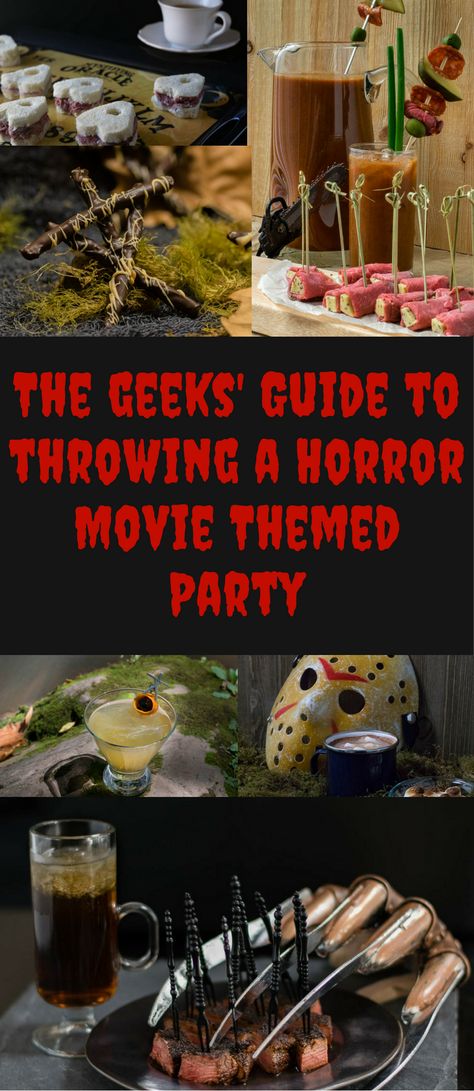 The Geeks share their tips for planning the perfect Horror Movie Themed Party! 2geekswhoeat.com #horror #recipes Jason Party Theme, Spooky Movie Night Decorations, Horror Themed Dinner, Freddy Krueger Food Ideas, Scary Movie Decorations, Horror Movie Crafts, Friday 13th Party, Horror Recipes, Horror Movie Themed Party