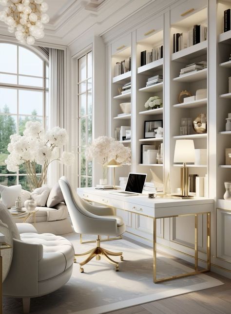 Study Desk In Living Room, Neutrals Office Decor, Women’s Home Office Design, Gorgeous Home Office, Home Office With Library, Home Office For Women, Beautiful Office Design, Women Office Decor, Luxury Home Office