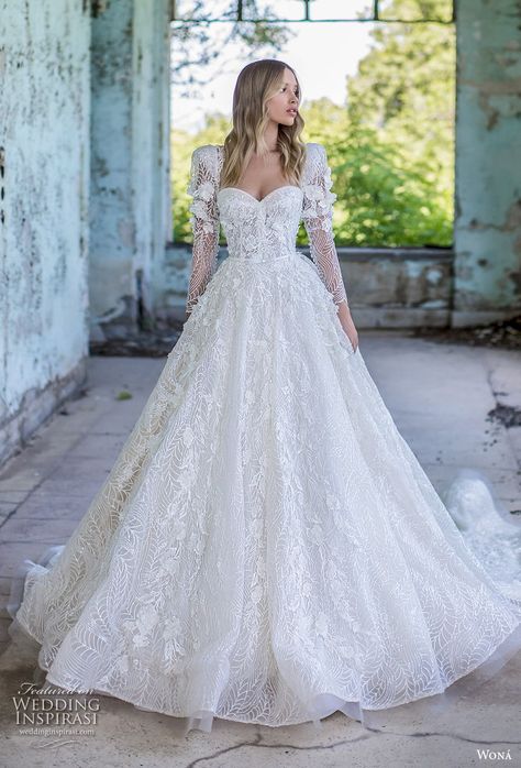 Wedding Gown Inspiration Brides, Sweetheart Neckline Gown, Sweetheart Neckline Wedding Dress With Sleeves, Wedding Dresses Aurora, Wona Bridal, A Line Wedding Gown, Wedding Gown With Sleeves, Gown With Sleeves, Royal Train