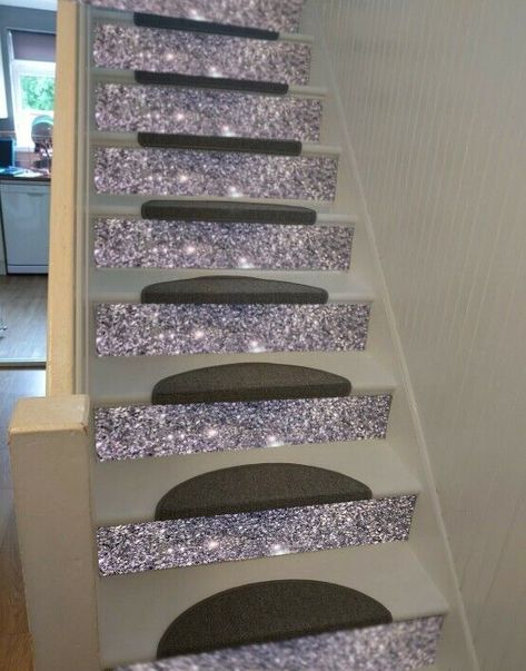 Glitter Stairs, Diy Stairs, Stair Risers, Wallpaper Border, Lobby, Fabric Wallpaper, Stairs, Glitter, Grey