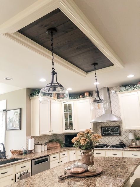 Drop Ceiling Kitchen Island, 8 Ft Kitchen Ceiling, Over The Counter Light Fixtures, Kitchen Lighting Fixtures Over Island Rustic Wood Beams, Different Ceilings Ideas, Kitchen Shiplap Ceiling, Accent Ceiling Kitchen, Raised Ceiling Before And After, Diy Kitchen Light Fixtures