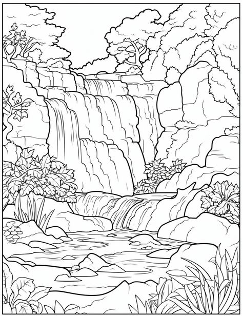 Waterfall Coloring Pages, Country Coloring Pages, Scenery Coloring Pages, Nature Coloring Pages, Waterfall Drawing, Garden Coloring Pages, صفحات التلوين, Detailed Coloring Pages, Princess Coloring Pages