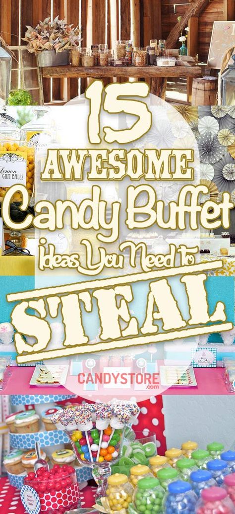 Whether you're planning your wedding, a bridal or baby shower, or birthday party, these 15 Awesome candy buffet ideas will help make your special day a hit. Candy Buffet Ideas, Diy Candy Buffet, Candy Buffet Bar, Sweet 16 Candy, Buffet Bar, Bday Celebration, Candy Buffet Wedding, Buffet Style, Candy Buffet Tables