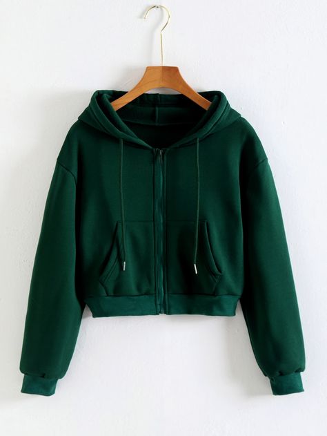 Dark Green Casual  Long Sleeve Polyester Plain Zip Up  Slight Stretch Spring/Fall Women Sweatshirts Green Sweatshirt Outfit, Blue Hoodie Outfit, Green Jacket Outfit, Green Cropped Hoodie, Jacket Outfit Women, Crop Pullover, Printed Hoodies, Thermal Hoodie, Hoodie Aesthetic