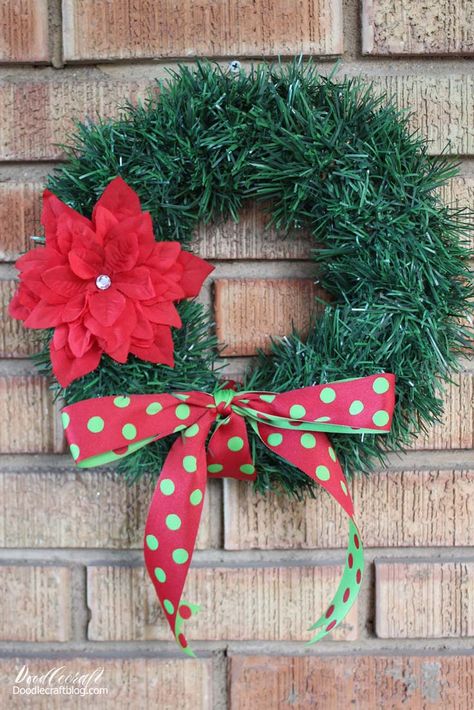 Dollar Tree Garland Wreath with Poinsettia Hair Bow DIY Dollar Tree Garland, Hair Bow Diy, Diy Christmas Art, Diy Snowman Ornaments, Garland Wreath, Bow Diy, Christmas Crafts For Kids To Make, Holiday Ribbon, Christmas Wreaths To Make