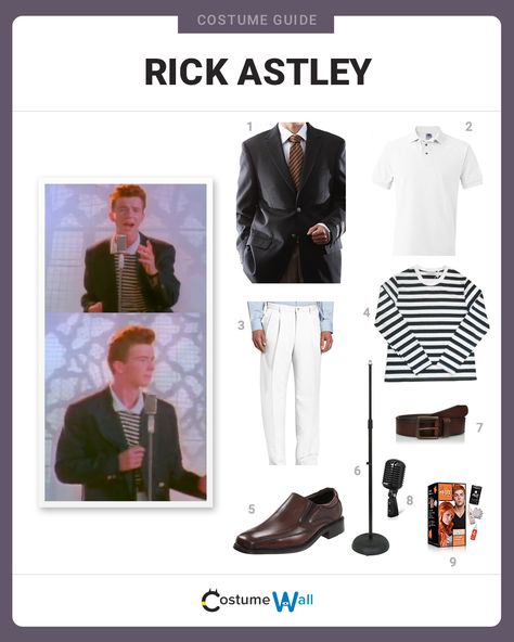 The best costume guide for dressing up like Rick Astley, whose hit music video Never Gonna Give You Up is better known as rickrolling. Rick Roll Halloween Costume, Rick Astley Costume, Music Costume Ideas, Cartoon Costume, Rick Rolled, Costume Guide, Best Costume, Rick Astley, Outfit Png