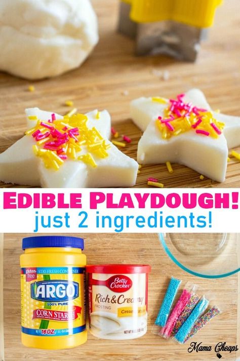 This is the perfect boredom buster and the kids will LOVE it! Check your pantry for these staples and make up some edible playdough. Water, corn starch and frosting is all you need! This non-toxic edible playdough recipe is easy and fun for all ages. Great sensory activity! Perfect for indoor or outdoor play. Budget-friendly fun and easy to clean up. #diy #dough #kids #mamacheaps Edible Playdough For Babies, Easy Edible Playdough, Edible Playdough Recipes, Edible Playdough Recipe, Diy Dough, Edible Play Dough Recipe, Baby Food Recipes Stage 1, Kids Play Dough, Edible Playdough