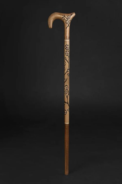 Walking Stick for Women Sakura, Floral Design Handcrafted Cane | ART WALKING STICKS Cane Design Walking Sticks, Walking Stick Designs, Cool Walking Canes, Art Transformation, Custom Canes, Umbrella Painting, Unique Knives, Natural Accessories, Wooden Walking Sticks