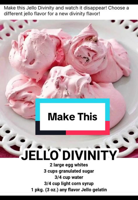 Arlene on TikTok Jello Divinity Recipe, Jello Divinity, Divinity Recipe, Jello Gelatin, Jello Flavors, Sugar Free Jello, Best Christmas Cookies, Best Cake Recipes, Favorite Candy